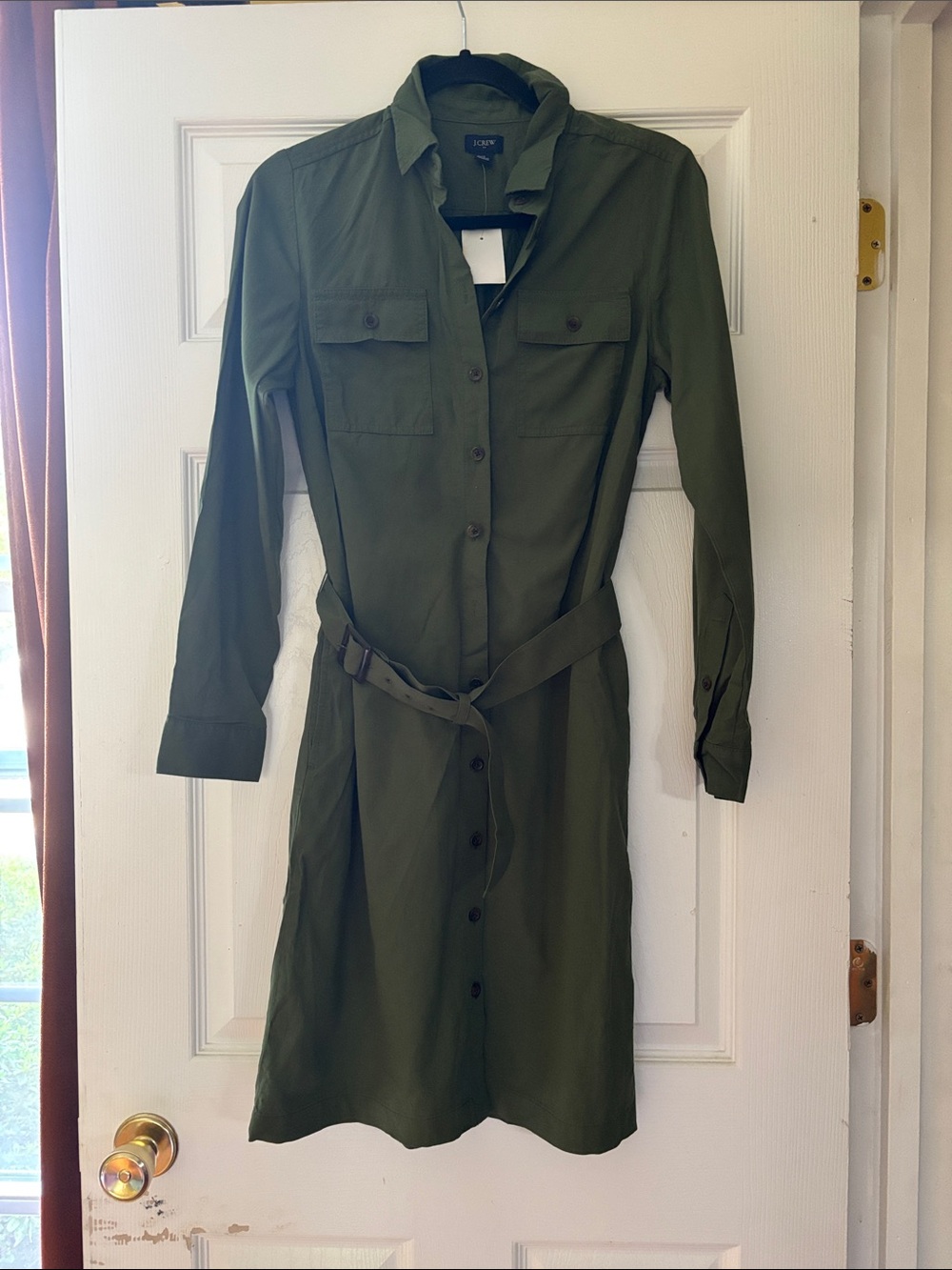 J. Crew Olive Green Long-Sleeve Shirt Dress with Belt